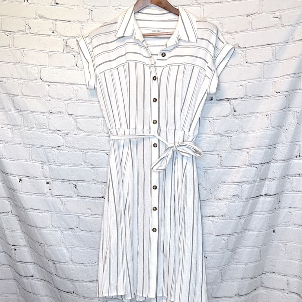 Calvin Klein Striped Button Down Short Sleeve Belted Dress Size 10